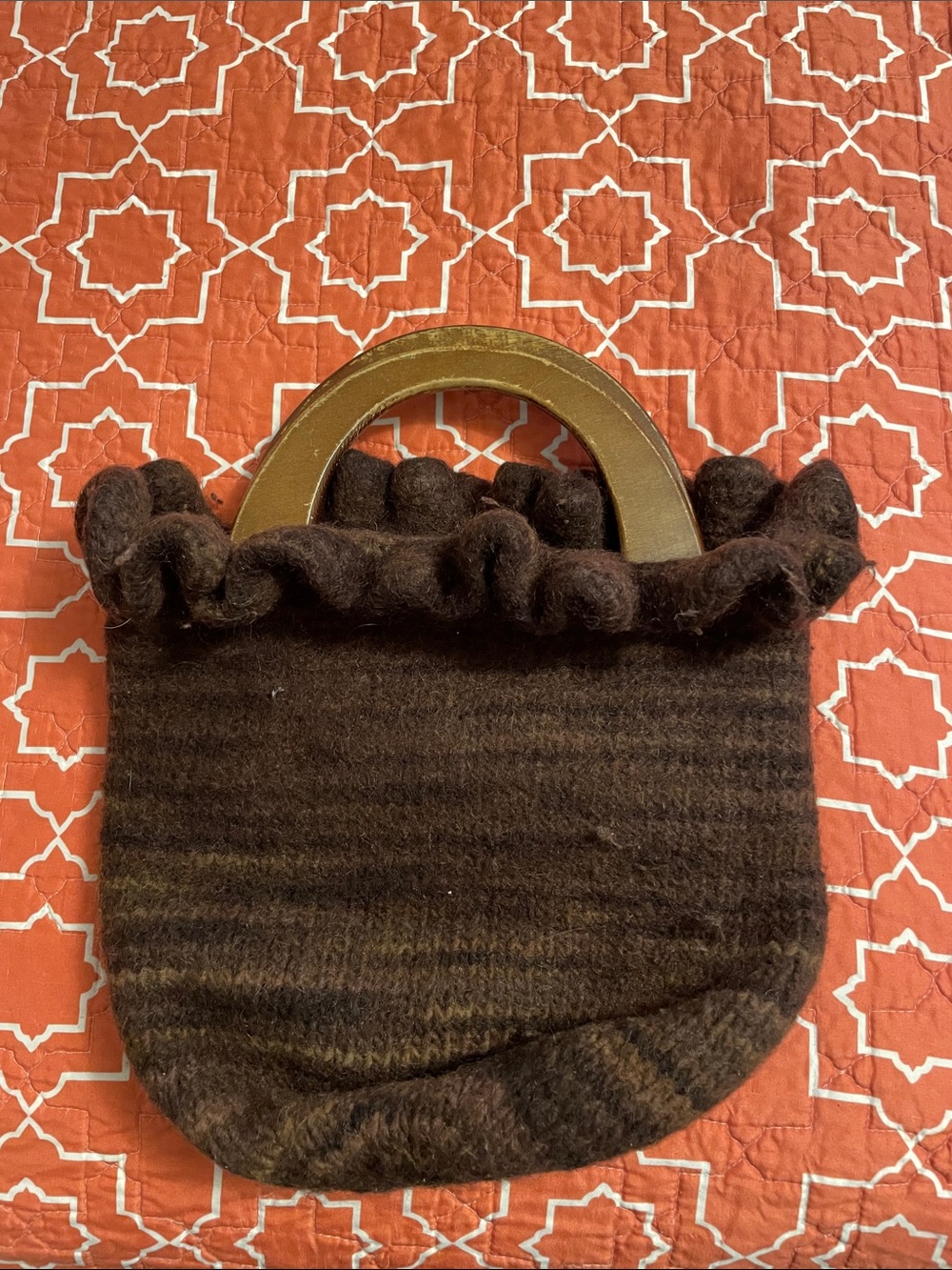 Brown Wool Ruffled Top-Handle Bag with Wooden Handles